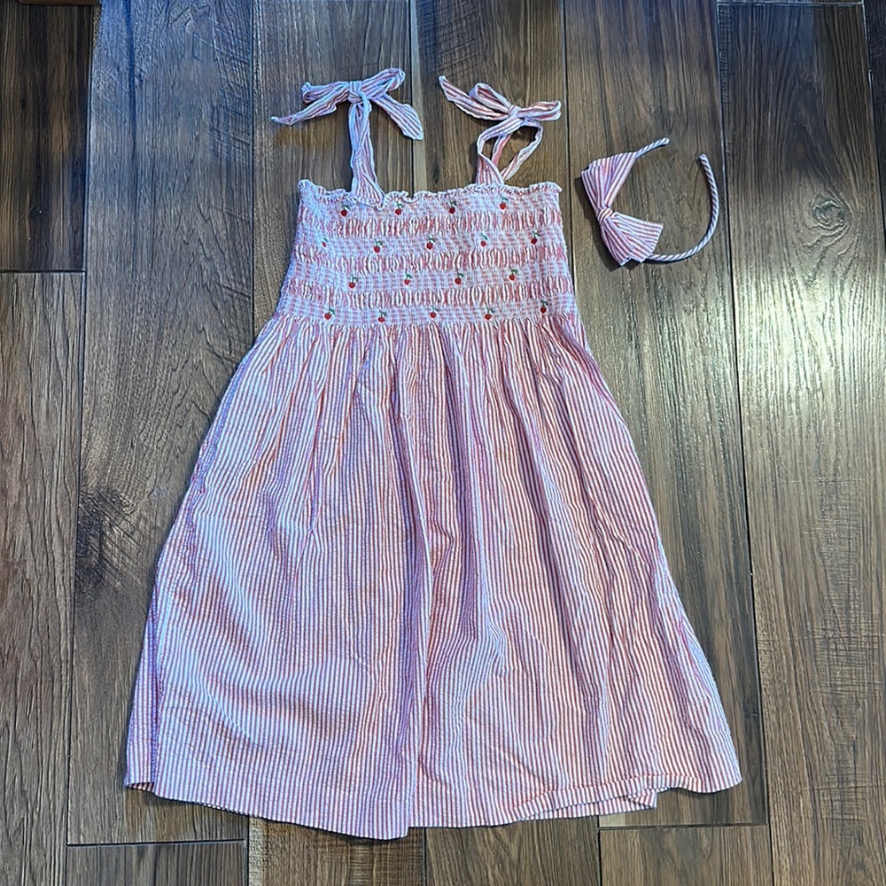 Janie and Jack Pink/White Stripped Tied Dress with Headband Size 6